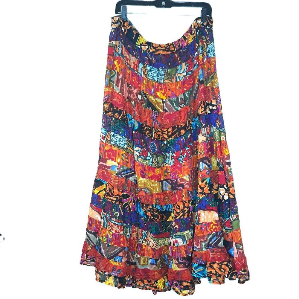 Vtg Boho Maxi Skirt Colorful Patchwork Pull-On Cotton Artsy